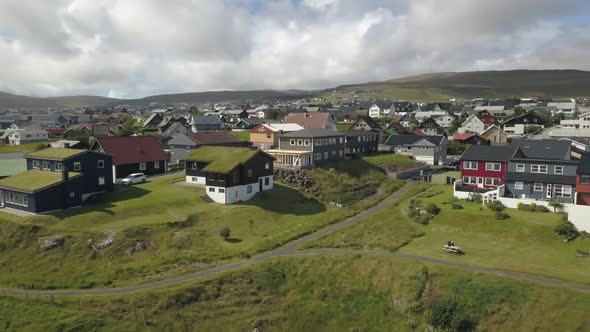 Faroe Islands Shoreline Town Panorama Filmed By Drone alt