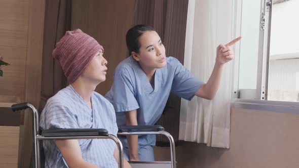 A female doctor with a wheelchair patient at window, recovering from illness. alt