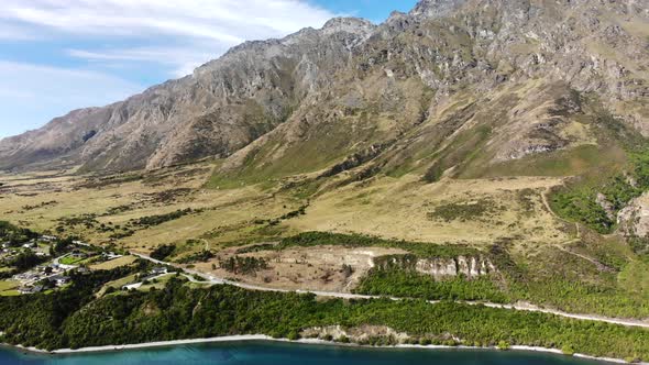 Aerial overview of stunning mountain range The Remarkables, New Zealand alt