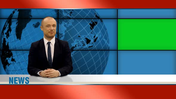 Male News Presenter in Broadcasting Studio with Green Screen