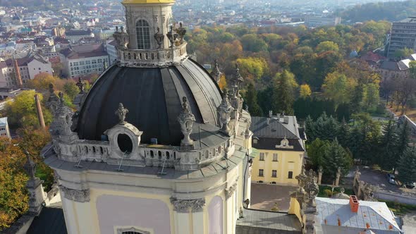 Aerial Video of Saint Yura Church in Central Part of Old City of Lviv, Ukraine alt