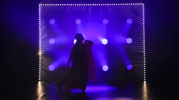 Silhouette a Young Girl Dancer in a Red Sari. Indian Folk Dance. Shot in a Dark Studio with Smoke alt