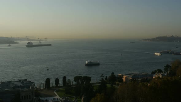 Timelapse. Panoramic Aerial View of Seascape of Bosphorus With Shipping Traffic. 