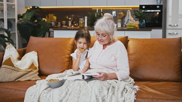 Old Granny is Reading a Book for Granddaughter Who Eating Cookies Sitting on Sofa Studio Apartment alt