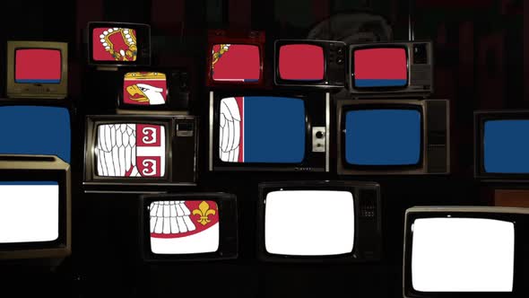 Flag of Serbia on Retro TV Wall. alt