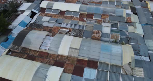 Ukraine City Rivne. Aerial Shot. Bazaar iron kiosks. Spontaneous trade