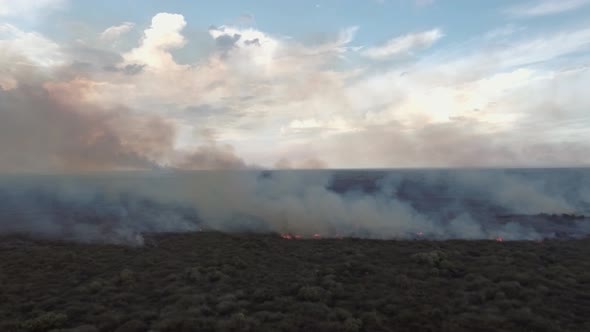 Aerial view of a small wildfire burning vegetation, Cambodia. alt