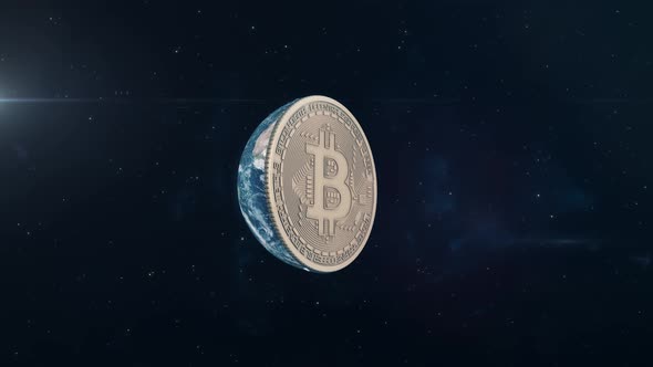 Bitcoin - Planet Earth Rotating to Reveal Cryptocurrency Coin alt