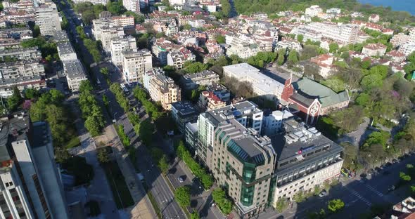 Aerial view of street traffic of the city center.  Urban Landscape. 4K video. Varna, Bulgaria alt