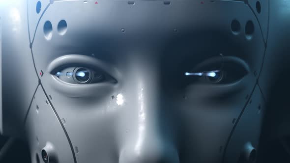 Gross error of artificial intelligence. robot's head is twitching and shaking shot close-up. alt