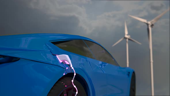 Generic electric blue car charging with wind turbines in background