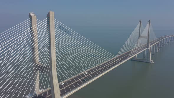 Lisbon Portugal Aerial View of the Vasco Da Gama Bridge on a Foggy Beautiful Morning During Car alt