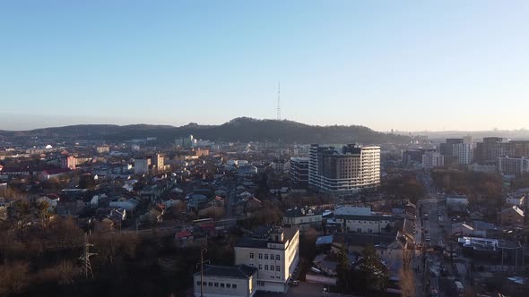 Aerial Top View of Lviv, Ukraine, at Sunset