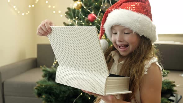 Happy Little Girl in Santa Hat on the Background of the Christmas Tree. The Child Is Happy with the alt