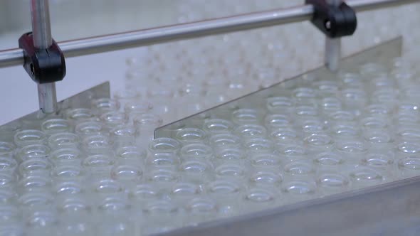 Pharmaceutical Production Line: Conveyor Belt with Empty Glass Bottles: Close Up