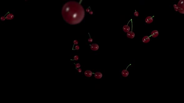 Falling cherries on a black background 3D animation