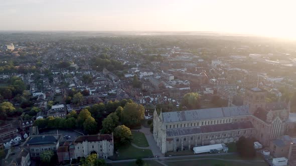 Sunrise Aerial View of the City of St Albans and its Cathedral in England alt