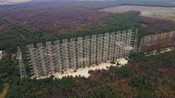 Aerial view of Duga radar system in abandoned military base in Chernobyl alt