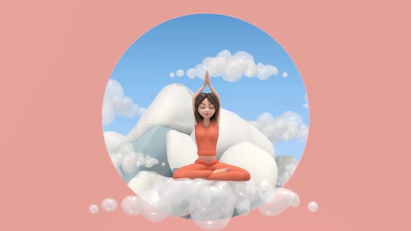 A girl on a cloud in a yoga pose against the background of mountains alt