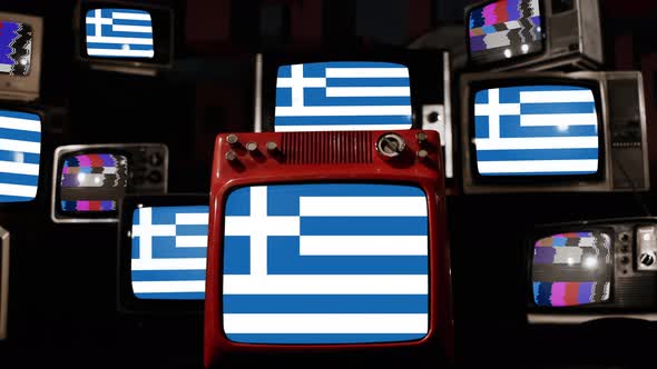 Flag of Greece on Retro TVs. 4K.