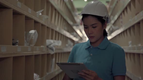 Asian female worker patrolling the goods placed on the shelves