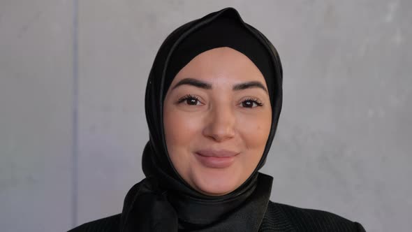 Portrait Young Muslim Woman in Hijab Smiling Happy Enjoying Successful Urban Lifestyle