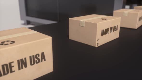 Boxes with MADE IN USA Text on Conveyor alt