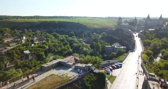 Aerial drone view of Kamianets-Podilskyi Old castle in the western Ukraine.