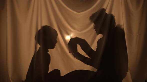 Silhouette of Woman Giving Boy Gift in Form of Toy House alt