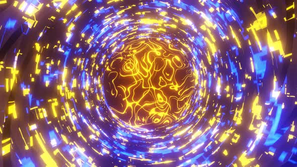 Abstract 3d Seamless Loop Tunnel with Glow Neon Blue and Yellow Lights Scifi Background Render