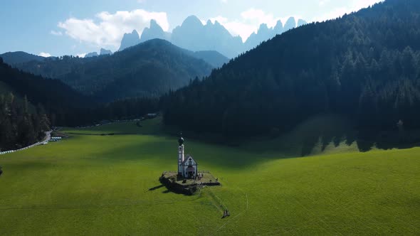 Val di Funes, Chiesetta del Ranui, Villnöß, South Tyrol - Alto Adige, Dolomites, Italy - Aerial 4K