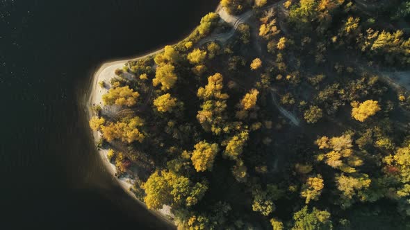 Aerial Drone Footage. Top Down View Rotate Autumn Island