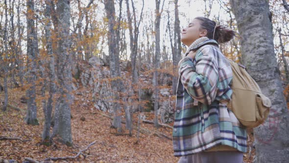 Hiker Takes Picture of Nature Walking Across Autumn Forest