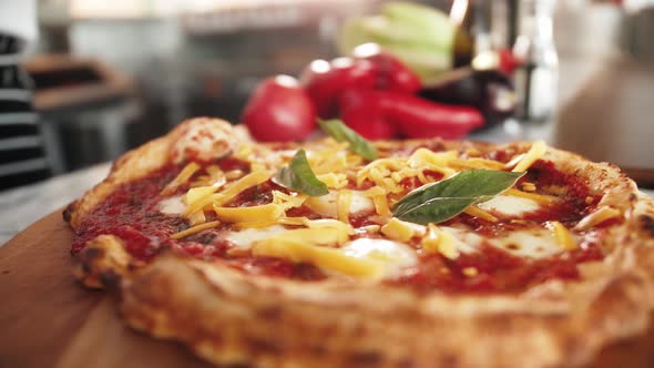 Italian Chef Making Margaritta Pizza with Tomato Sause and Mozzarella Traditional Food in Italy High alt