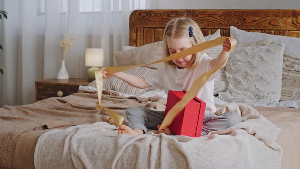 Curious Little Girl Happy Preschooler Blonde Daughter Cute Baby Kid Child Sitting on Cozy Bed with alt