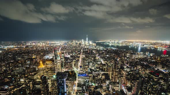 Manhattan, New York - Night Video. Aerial Video Timelapse. Wide Lens  Shot alt