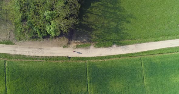 Moving Overhead Over Green Fields and Gravel Paths in Summer Day