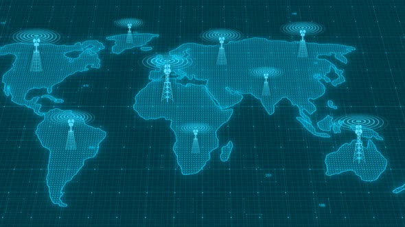 Cyan Color Network Tower Wave Signal Animated On World Map alt