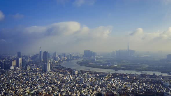 Sunny Morning 4k Panoramic Time Lapse of Ho Chi Minh City (Saigon) Skyline and River. Clouds are mov alt