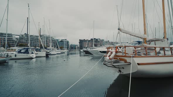 Blue Sailboat Moored to a Pier in Yacht Marina at Sunset alt