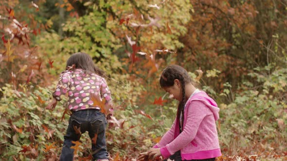 Two young girls in Fall throwing pile of leaves