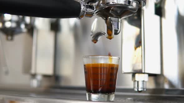 Black coffee being brewed by the machine flowing through portafilter into espresso shot glass