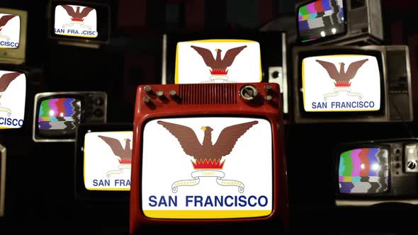The flag of the City and County of San Francisco and Retro TVs. alt