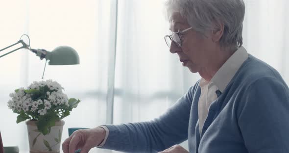 Elderly woman playing puzzle at home alt