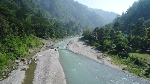The Ganges river near Rishikesh state of Uttarakhand in India seen from the sky alt
