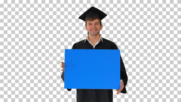 Smiling graduate male in mortarboard holding, Alpha Channel alt