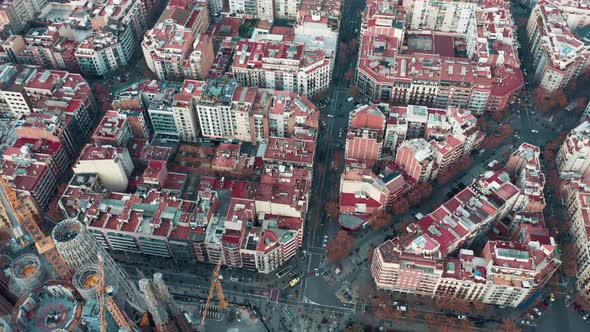 Aerial panoramic view of Barcelona cityscape; famous Europe architecture of houses and parks