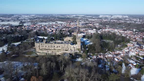 Aerial Warwick Castle Winter Snow Close Up Blue Sky