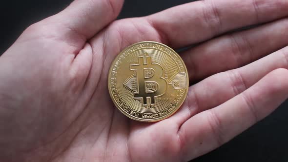 Male Hand Holding a Gold Coin Bitcoin Close Up