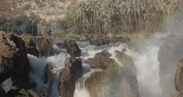 Rocky Waterfall and Palm Trees